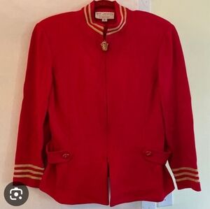 Sporty St John Red Jacket with Gold Accents, Zipper And Button Accents At Waist.